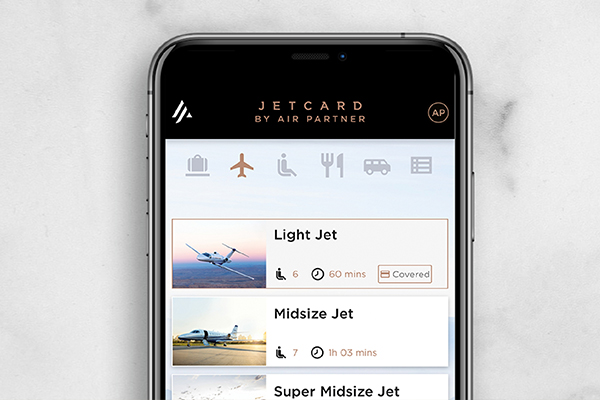 JetCard app private jet cabin categories